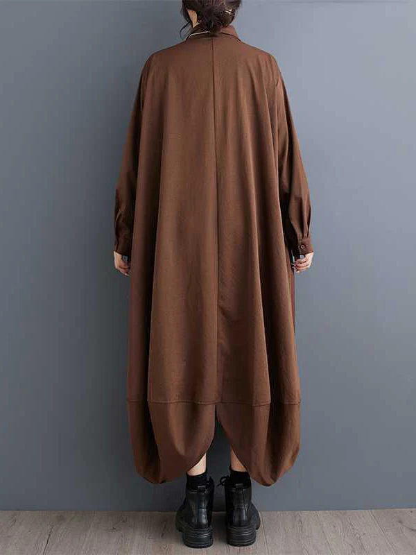 A-Line Long Sleeves Buttoned Pockets Solid Color Split-Joint Lapel Midi Dresses Shirt Dress - Image 6