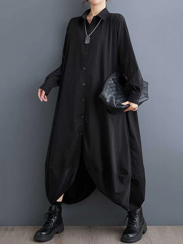 A-Line Long Sleeves Buttoned Pockets Solid Color Split-Joint Lapel Midi Dresses Shirt Dress - Image 7