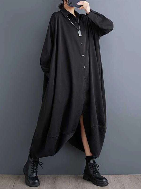 A-Line Long Sleeves Buttoned Pockets Solid Color Split-Joint Lapel Midi Dresses Shirt Dress - Image 8