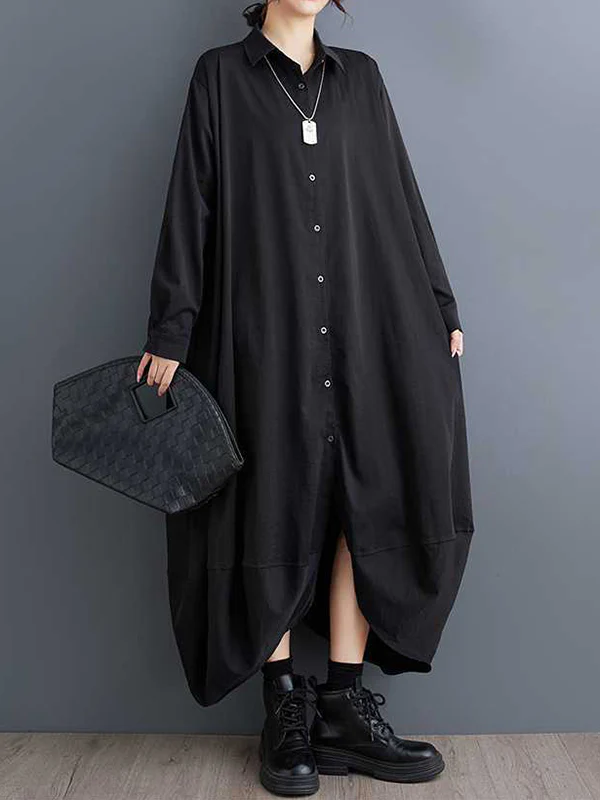 A-Line Long Sleeves Buttoned Pockets Solid Color Split-Joint Lapel Midi Dresses Shirt Dress - Image 9