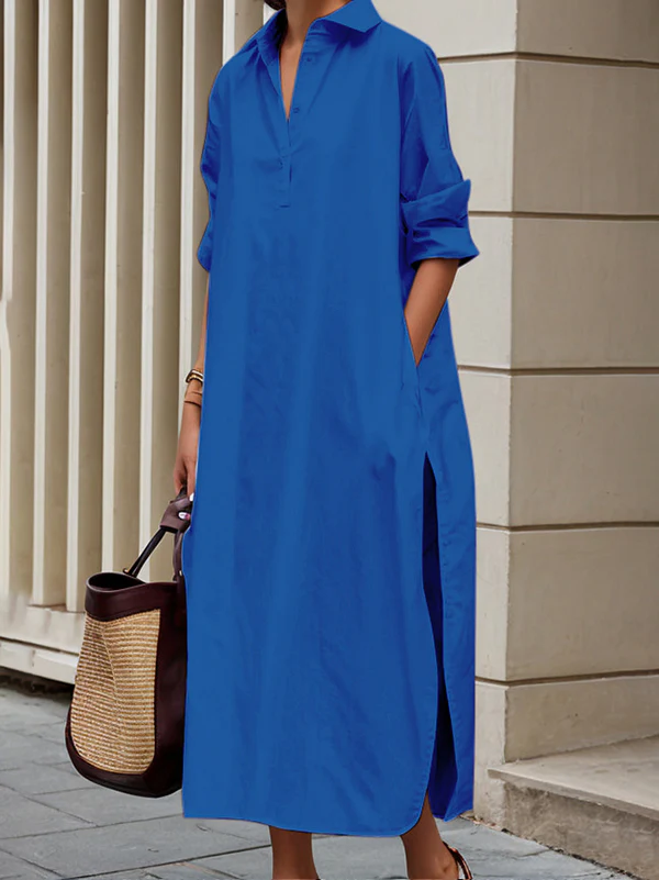 A-Line Long Sleeves Buttoned Pockets Solid Color Split-Side Lapel Midi Shirt Dresses - Image 2