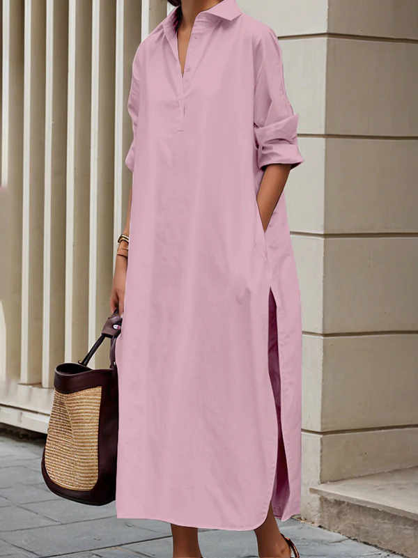 A-Line Long Sleeves Buttoned Pockets Solid Color Split-Side Lapel Midi Shirt Dresses - Image 3