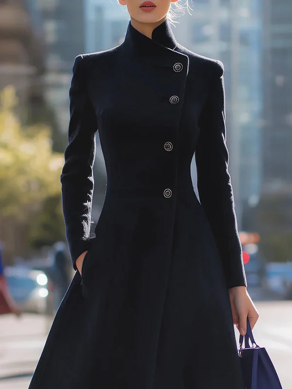 A-Line Long Sleeves Buttoned Pockets Solid Color Stand Collar Woolen Coat - Image 2