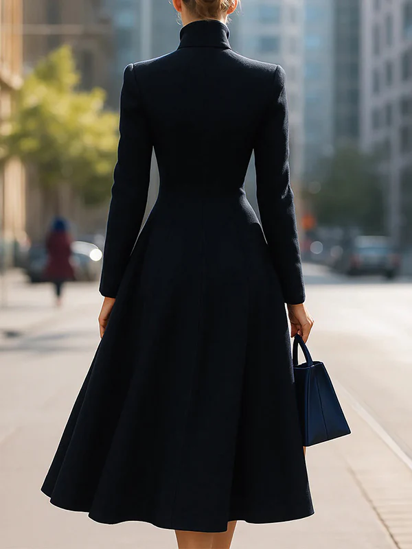 A-Line Long Sleeves Buttoned Pockets Solid Color Stand Collar Woolen Coat - Image 3