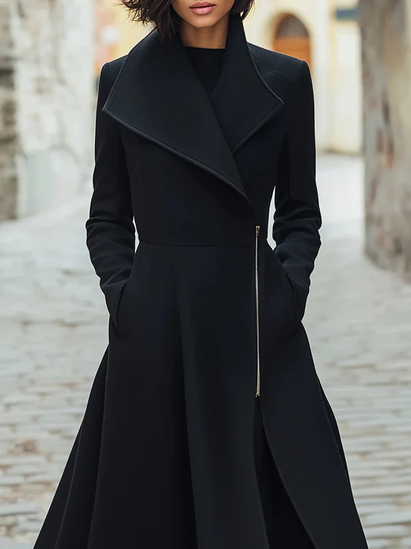 A-Line Long Sleeves Buttoned Pockets Solid Color Zipper Lapel Woolen Coat - Image 2