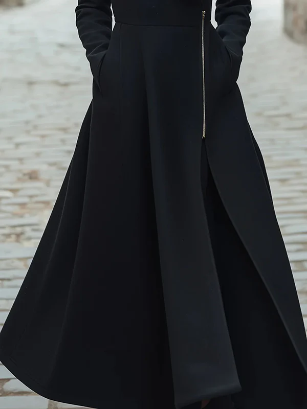 A-Line Long Sleeves Buttoned Pockets Solid Color Zipper Lapel Woolen Coat - Image 3