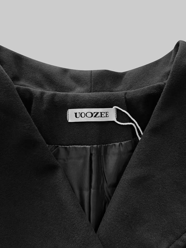 A-Line Long Sleeves Buttoned Pockets Solid Color Zipper Lapel Woolen Coat - Image 6