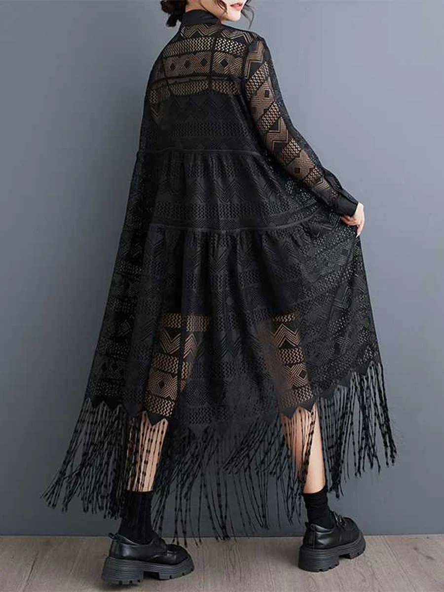 A-Line Long Sleeves Buttoned Printed See-Through Split-Joint Tasseled Lapel Midi Dresses - Image 2