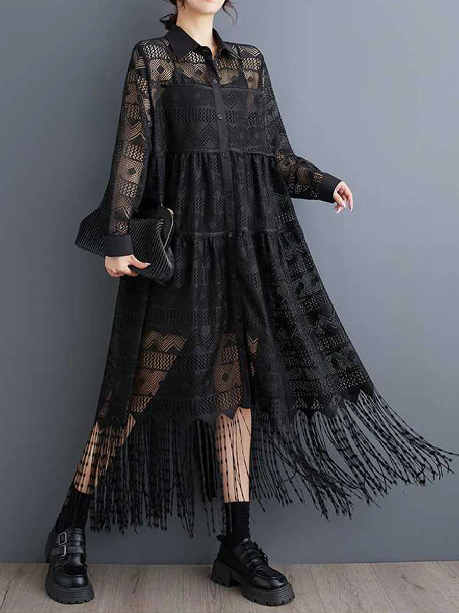A-Line Long Sleeves Buttoned Printed See-Through Split-Joint Tasseled Lapel Midi Dresses - Image 3
