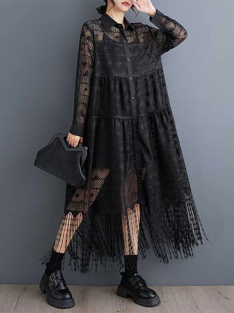 A-Line Long Sleeves Buttoned Printed See-Through Split-Joint Tasseled Lapel Midi Dresses - Image 4