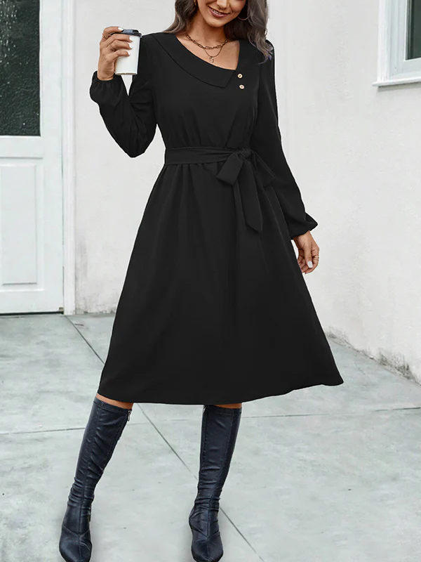 A-Line Long Sleeves Buttoned Solid Color Tied Waist Asymmetric Collar Midi Dresses - Image 2