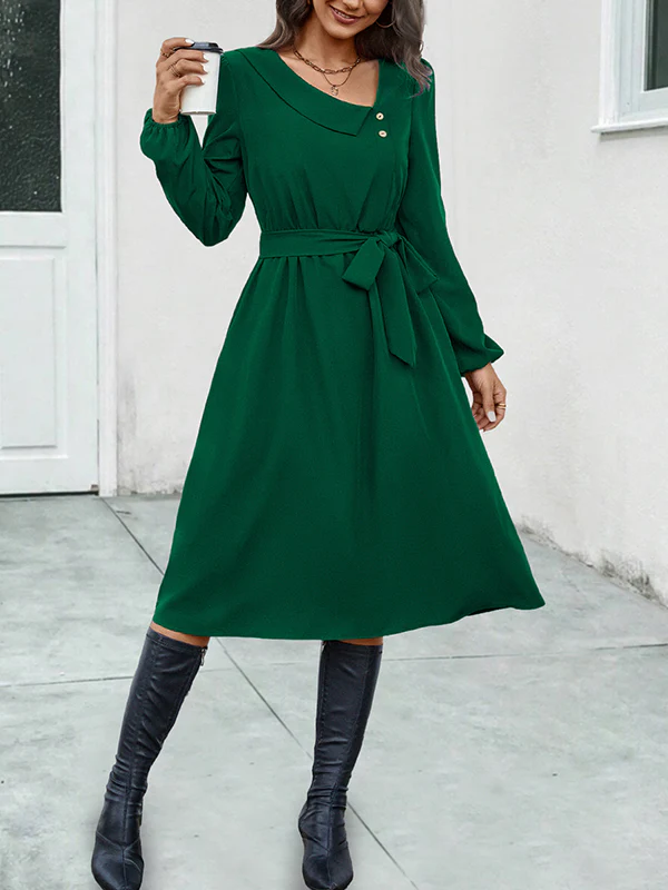 A-Line Long Sleeves Buttoned Solid Color Tied Waist Asymmetric Collar Midi Dresses - Image 3