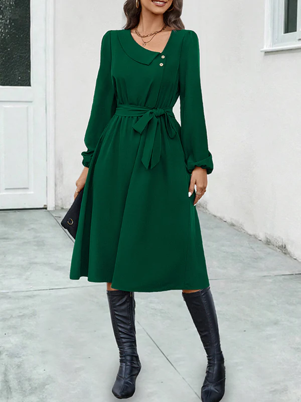 A-Line Long Sleeves Buttoned Solid Color Tied Waist Asymmetric Collar Midi Dresses - Image 4