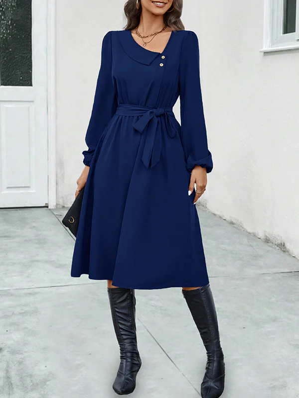 A-Line Long Sleeves Buttoned Solid Color Tied Waist Asymmetric Collar Midi Dresses - Image 5