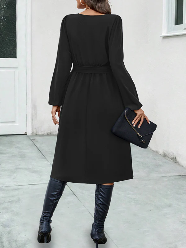 A-Line Long Sleeves Buttoned Solid Color Tied Waist Asymmetric Collar Midi Dresses - Image 6