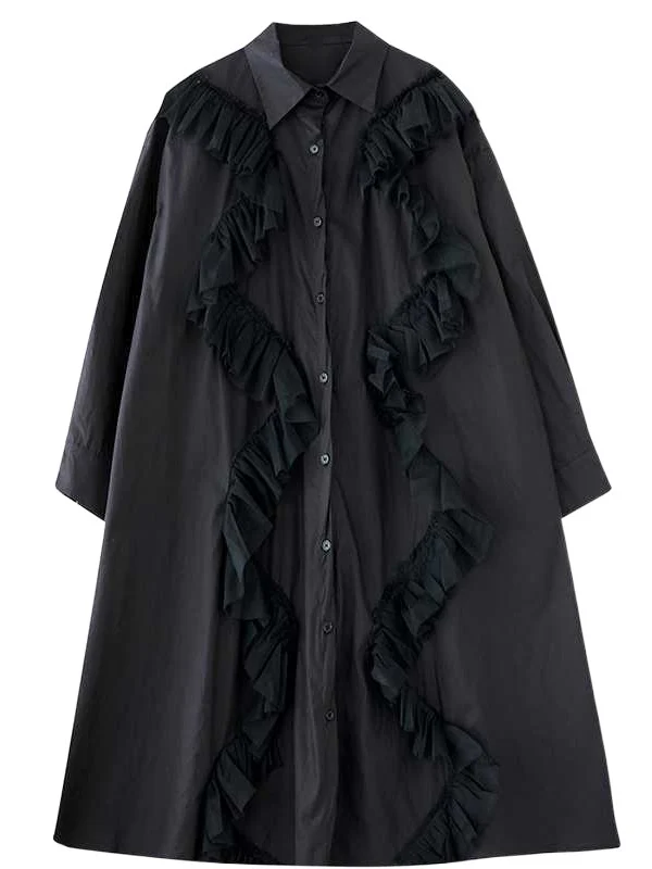 A-Line Long Sleeves Buttoned Split-Joint Lapel Midi Dresses Shirt Dress - Image 10