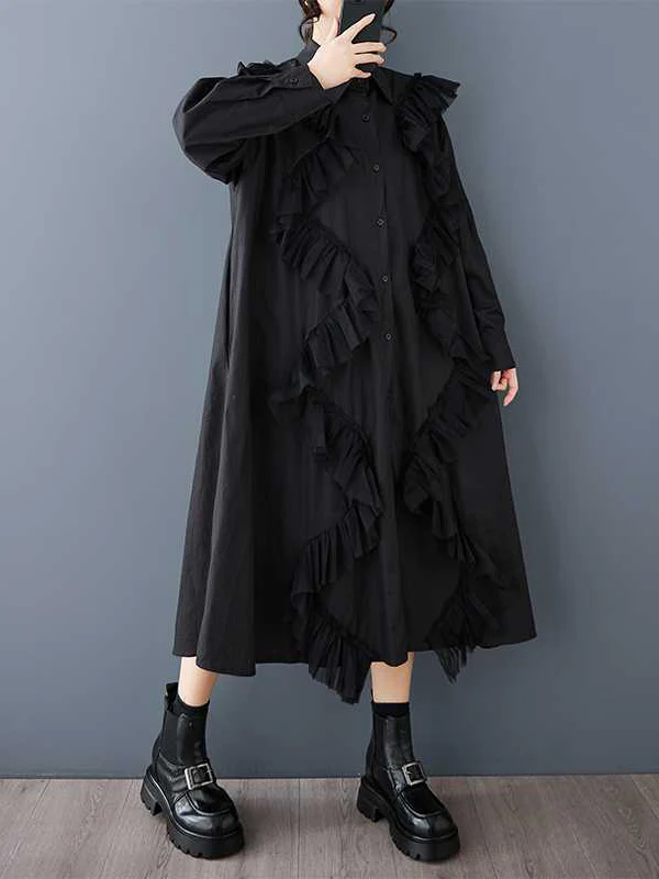 A-Line Long Sleeves Buttoned Split-Joint Lapel Midi Dresses Shirt Dress - Image 2