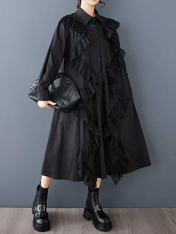 A-Line Long Sleeves Buttoned Split-Joint Lapel Midi Dresses Shirt Dress - Image 3