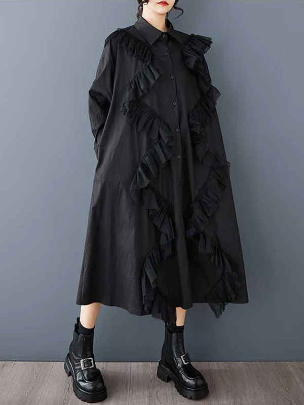 A-Line Long Sleeves Buttoned Split-Joint Lapel Midi Dresses Shirt Dress - Image 4