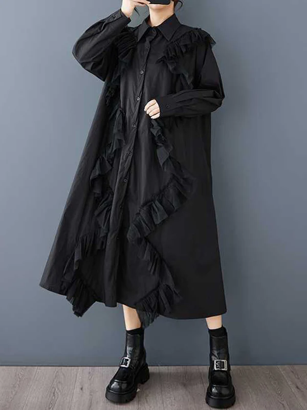 A-Line Long Sleeves Buttoned Split-Joint Lapel Midi Dresses Shirt Dress - Image 5