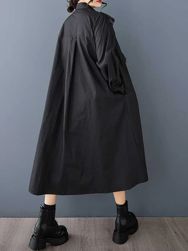A-Line Long Sleeves Buttoned Split-Joint Lapel Midi Dresses Shirt Dress - Image 6