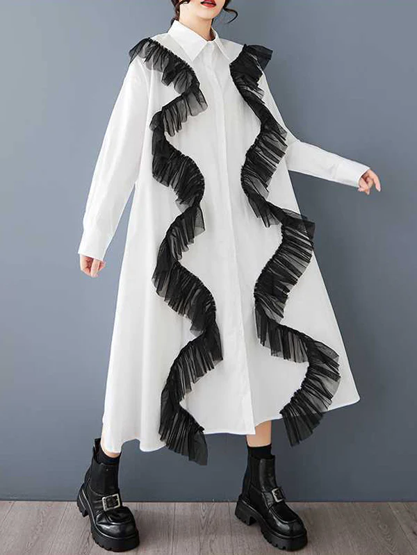 A-Line Long Sleeves Buttoned Split-Joint Lapel Midi Dresses Shirt Dress - Image 7