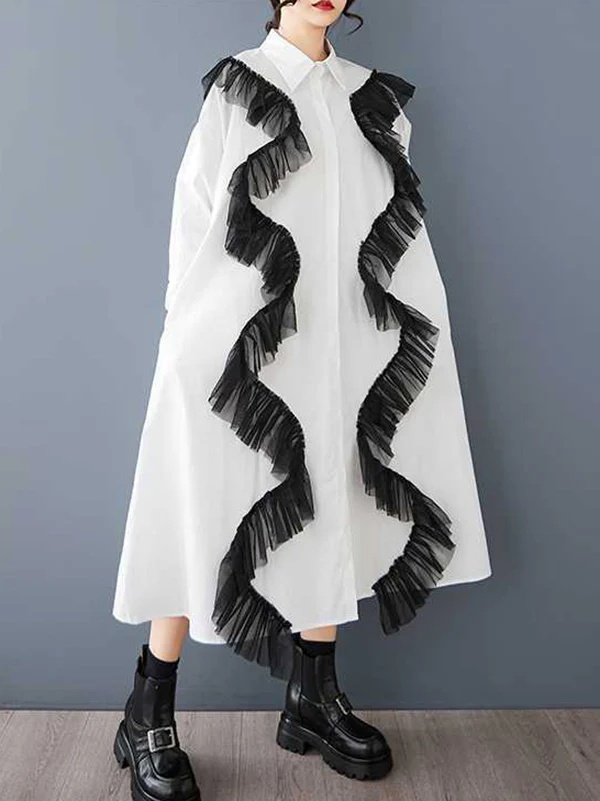 A-Line Long Sleeves Buttoned Split-Joint Lapel Midi Dresses Shirt Dress - Image 8