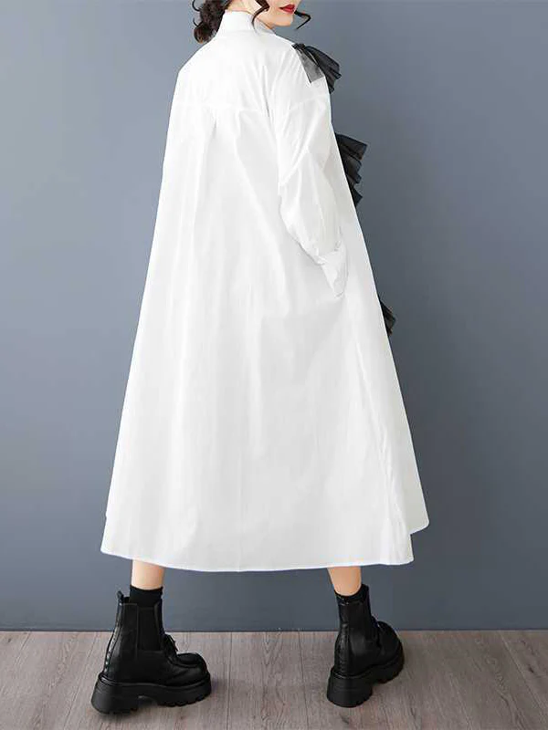 A-Line Long Sleeves Buttoned Split-Joint Lapel Midi Dresses Shirt Dress - Image 9