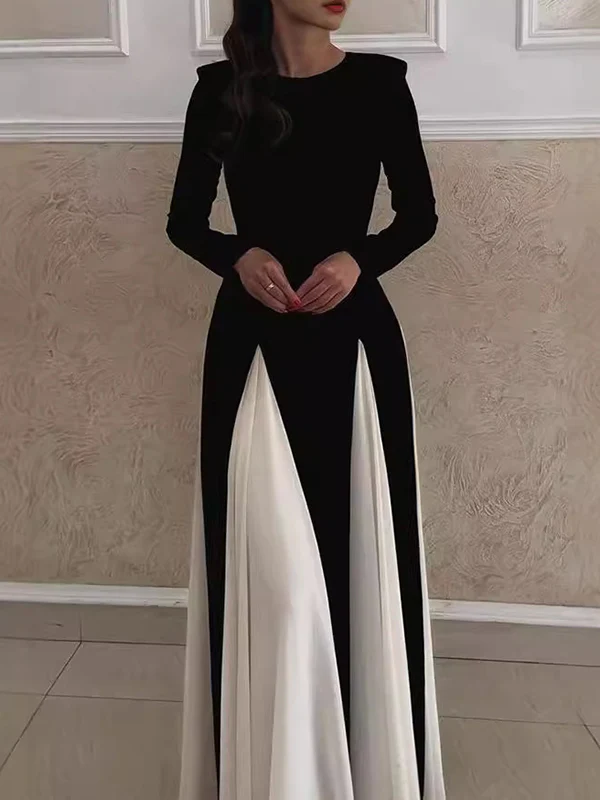 A-Line Long Sleeves Contrast Color Elasticity Pleated Split-Joint Round-Neck Evening Dresses Maxi Dresses - Image 2