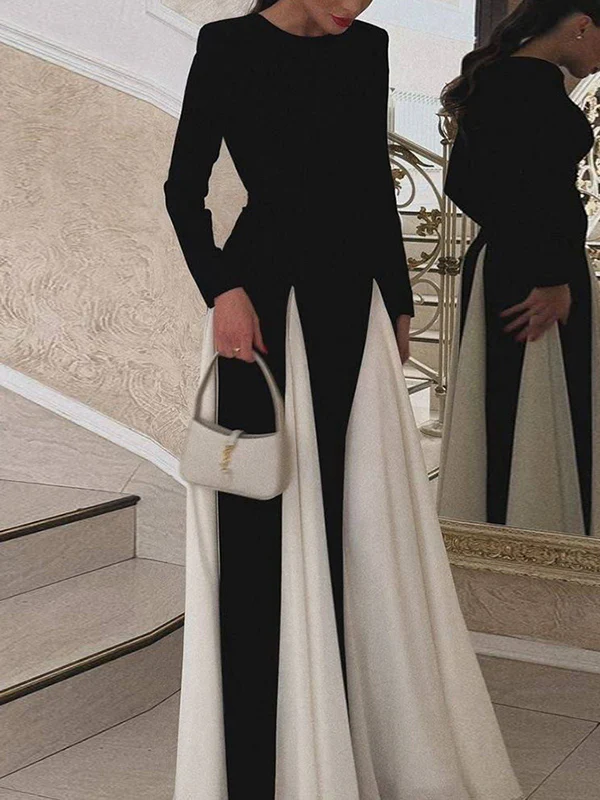 A-Line Long Sleeves Contrast Color Elasticity Pleated Split-Joint Round-Neck Evening Dresses Maxi Dresses - Image 3
