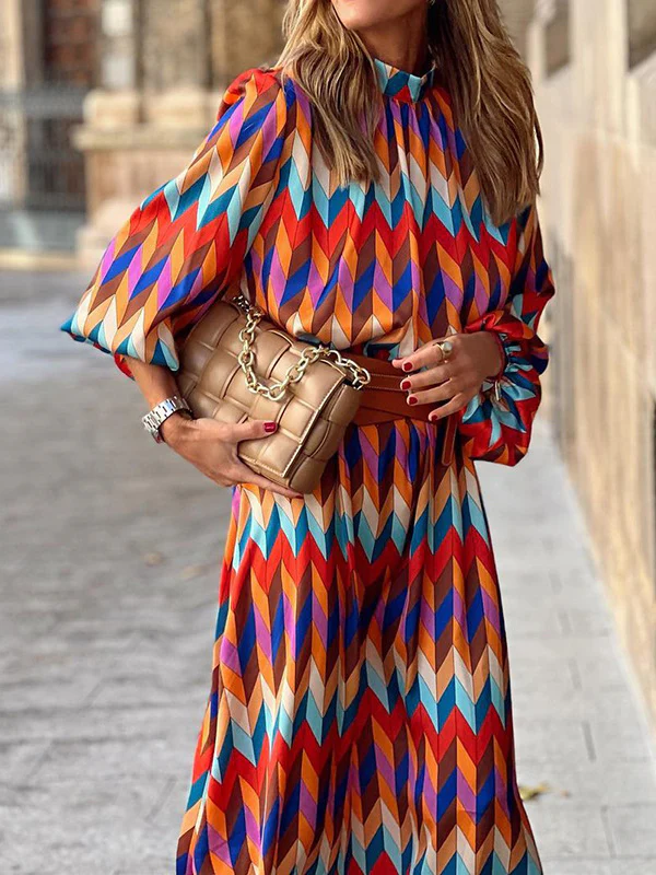 A-Line Long Sleeves Contrast Color Elasticity Pleated Stand Collar Midi Dresses - Image 3
