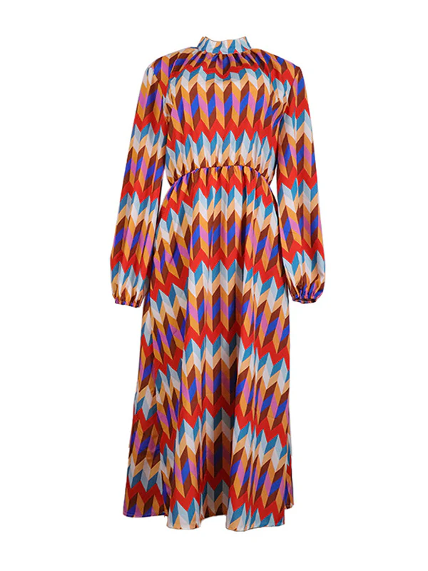 A-Line Long Sleeves Contrast Color Elasticity Pleated Stand Collar Midi Dresses - Image 5