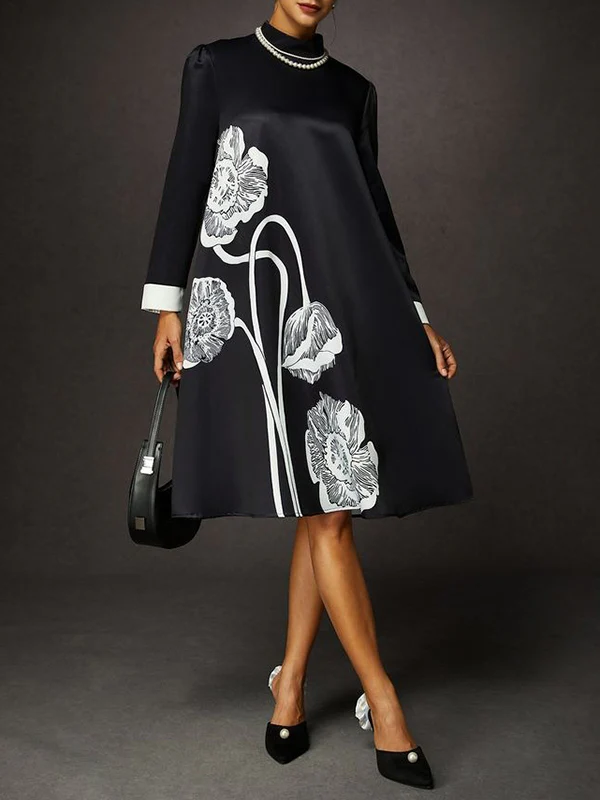 A-Line Long Sleeves Contrast Color Floral Printed Split-Joint High Neck Midi Dresses - Image 2