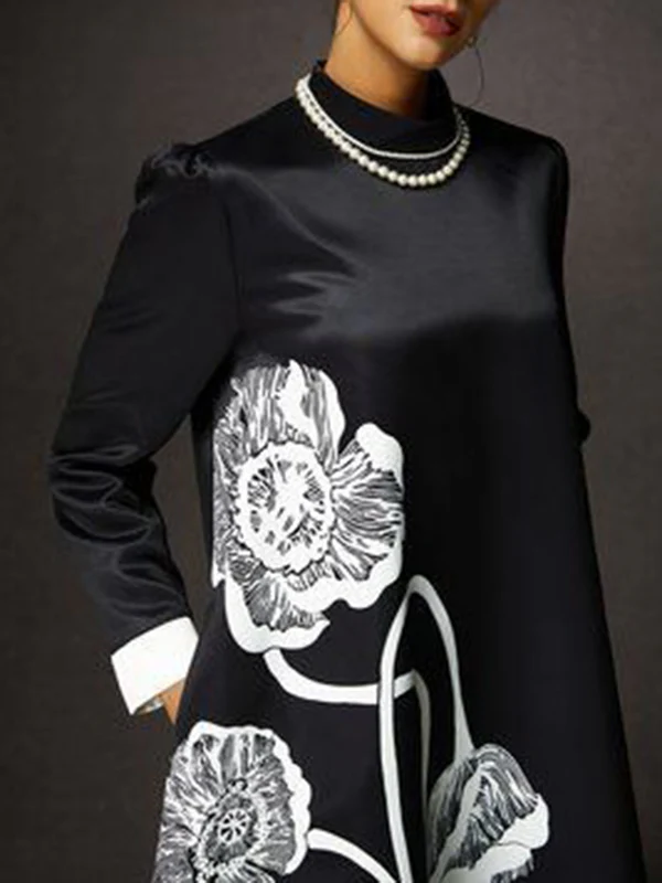 A-Line Long Sleeves Contrast Color Floral Printed Split-Joint High Neck Midi Dresses - Image 3