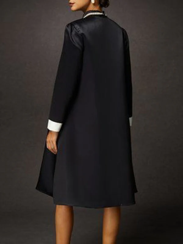 A-Line Long Sleeves Contrast Color Floral Printed Split-Joint High Neck Midi Dresses - Image 4