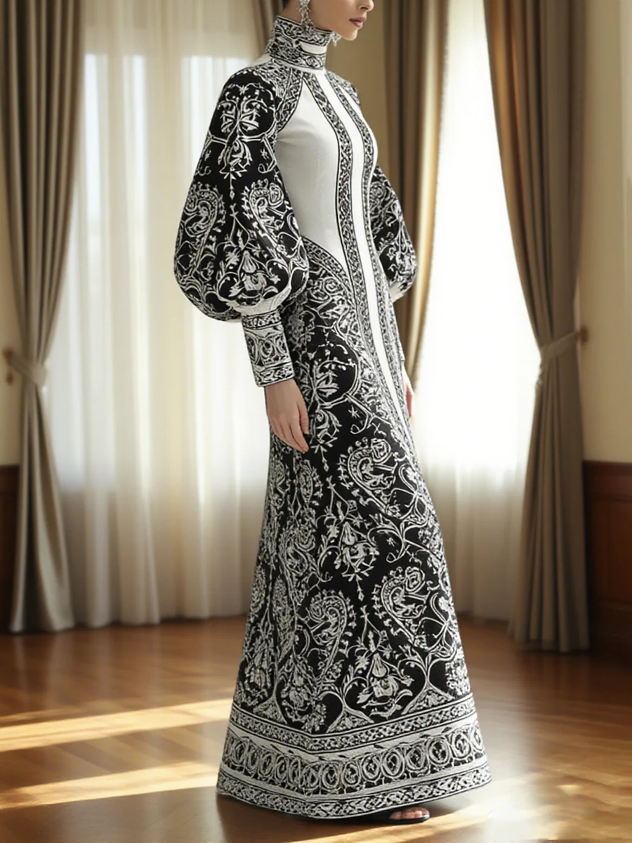 A-Line Long Sleeves Contrast Color Flower Print High Neck Maxi Dresses - Image 2