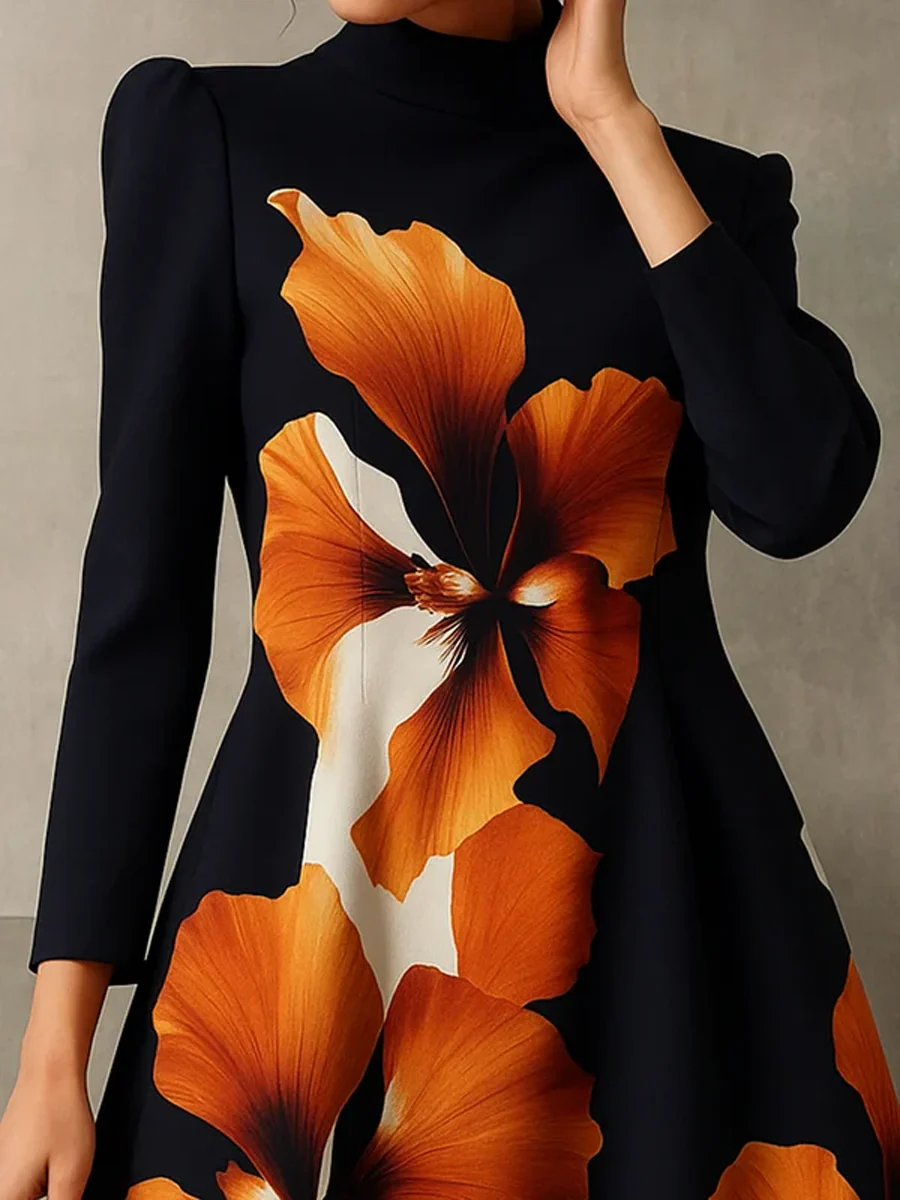 A-Line Long Sleeves Contrast Color Flower Print Mock Neck Midi Dresses - Image 2