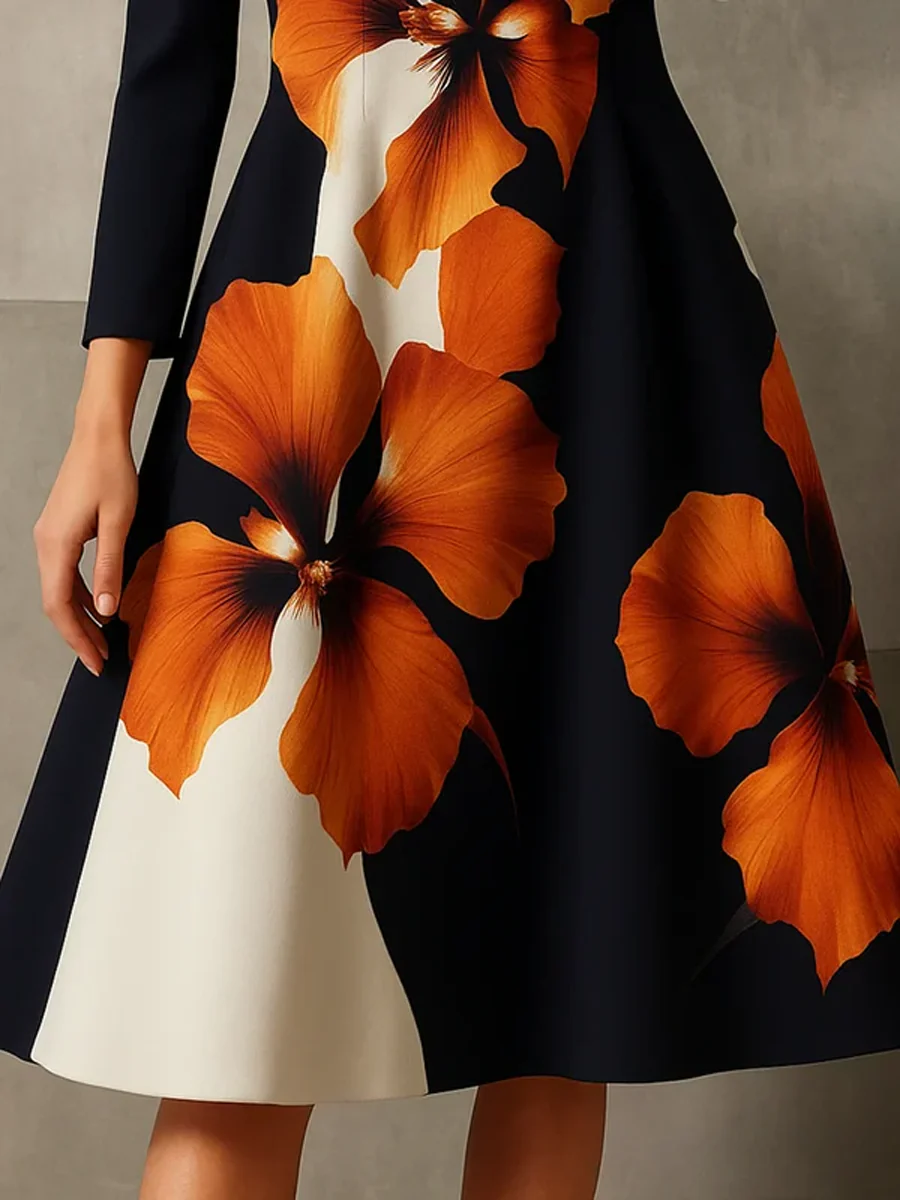 A-Line Long Sleeves Contrast Color Flower Print Mock Neck Midi Dresses - Image 3