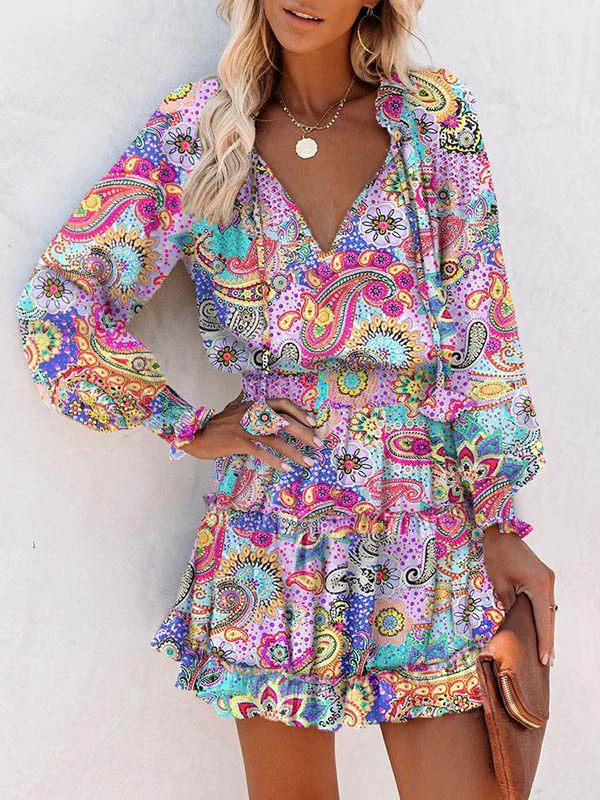 A-Line Long Sleeves Contrast Color Flower Print Pleated Split-Joint Tied V-Neck Mini Dresses