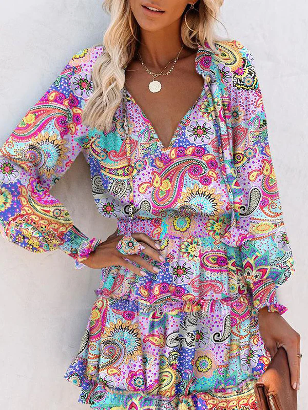 A-Line Long Sleeves Contrast Color Flower Print Pleated Split-Joint Tied V-Neck Mini Dresses - Image 2