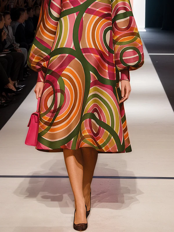 A-Line Long Sleeves Contrast Color High Neck Midi Dresses - Image 3