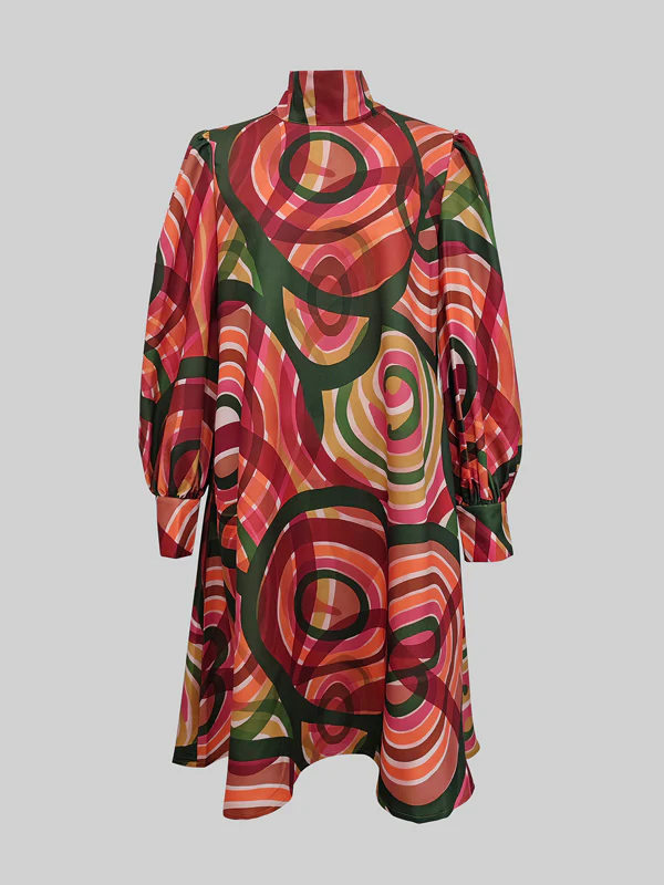 A-Line Long Sleeves Contrast Color High Neck Midi Dresses - Image 5