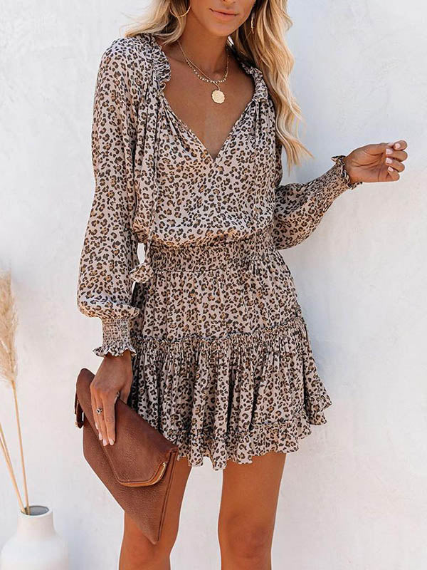 A-Line Long Sleeves Contrast Color Leopard Pleated Split-Joint Tied V-Neck Mini Dresses - Image 2
