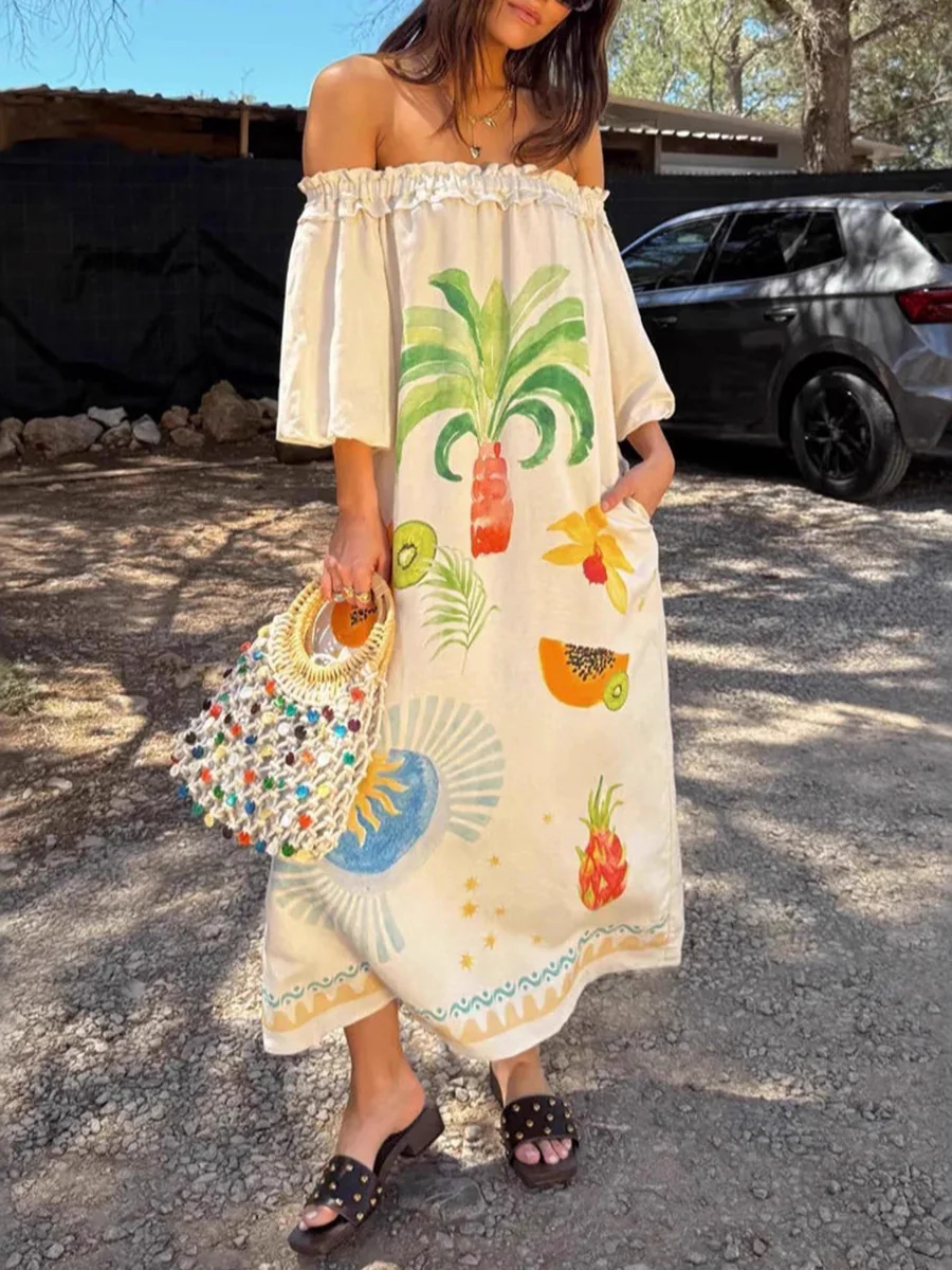 A-line Long Sleeves Contrast Color Pleated Pockets Printed Split-back Split-Joint Off-the-shoulder Maxi Dresses - Image 2