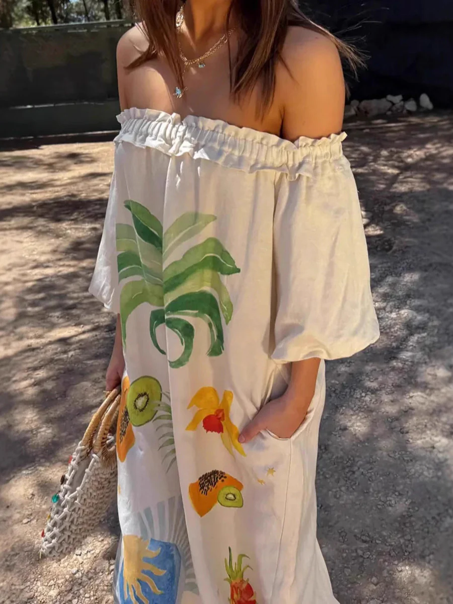 A-line Long Sleeves Contrast Color Pleated Pockets Printed Split-back Split-Joint Off-the-shoulder Maxi Dresses - Image 3