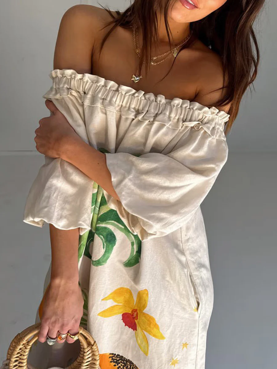 A-line Long Sleeves Contrast Color Pleated Pockets Printed Split-back Split-Joint Off-the-shoulder Maxi Dresses - Image 4