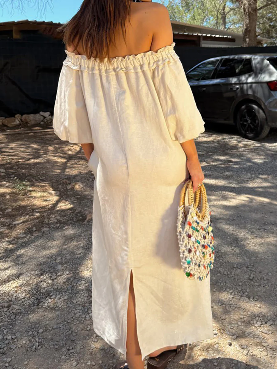 A-line Long Sleeves Contrast Color Pleated Pockets Printed Split-back Split-Joint Off-the-shoulder Maxi Dresses - Image 5
