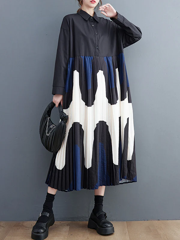 A-Line Long Sleeves Contrast Color Pleated Printing Split-Joint Polo Midi Dresses - Image 2