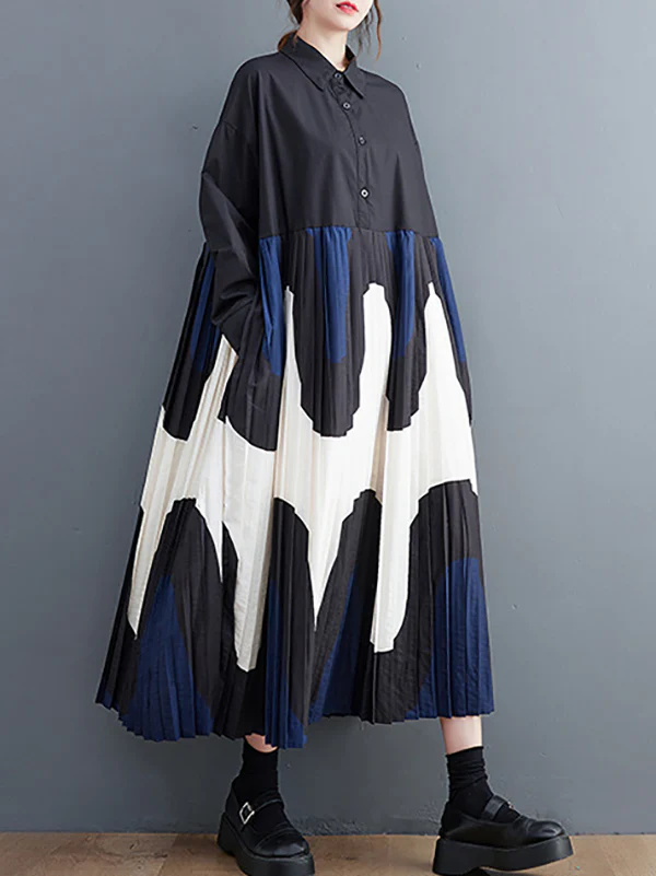 A-Line Long Sleeves Contrast Color Pleated Printing Split-Joint Polo Midi Dresses - Image 3