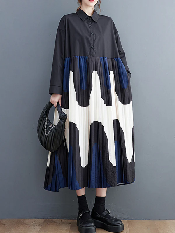 A-Line Long Sleeves Contrast Color Pleated Printing Split-Joint Polo Midi Dresses - Image 4